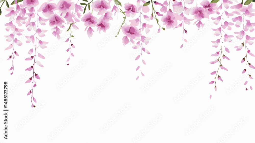 Fototapeta premium Watercolor illustration of hanging wisteria flowers with pink petals and green leaves on a white background