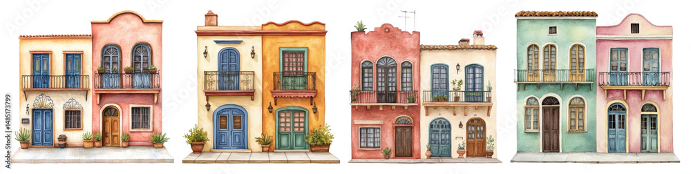 Fototapeta premium PNG Colorful Mediterranean architectural facades, element set on transparent background