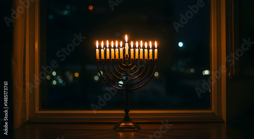 Illuminated festive menorah brightens cozy windowsill at night photo