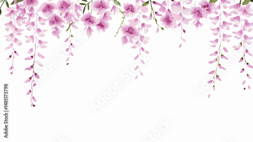 Watercolor illustration of hanging wisteria flowers with pink petals and green leaves on a white background