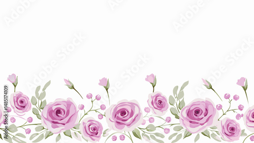 Watercolor painting of a floral border with pink roses, green leaves and small pink berries arranged nicely