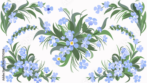 Floral arrangement featuring blue forget me not flowers and green leaves in a decorative pattern design