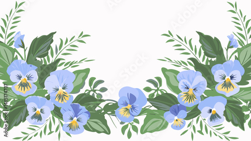 Illustration of light blue pansy flowers with green leaves arranged symmetrically on white background