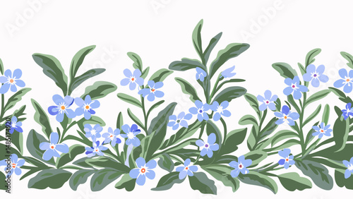Illustration of a floral border with blue forget me not flowers and green leaves on a white background