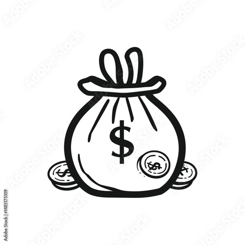Handdrawn moneybag with dollar symbol alongside scattered coins presents a transparent background