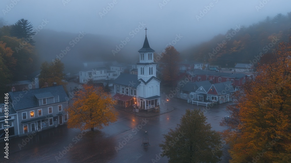 Naklejka premium Misty village square at dawn