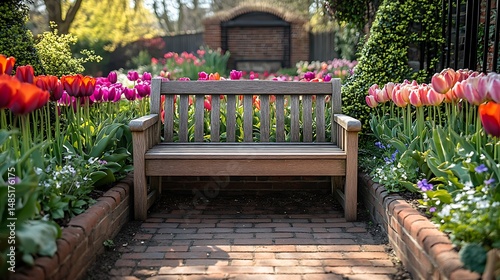 close up of a traditional English cottage garden, climbing ivy on brick walls, colorful tulips and peonies, wooden garden bench under a shady tree