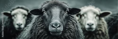Black Sheep With Gray Companions in Pastoral Setting During Cloudy Daytime