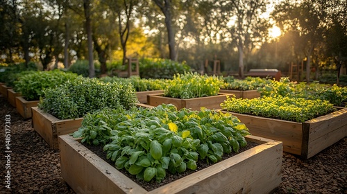 close up of an edible garden, rows of herbs like basil and rosemary, raised garden beds filled with tomatoes, lettuce, and peppers, vibrant greens in soft sunlight