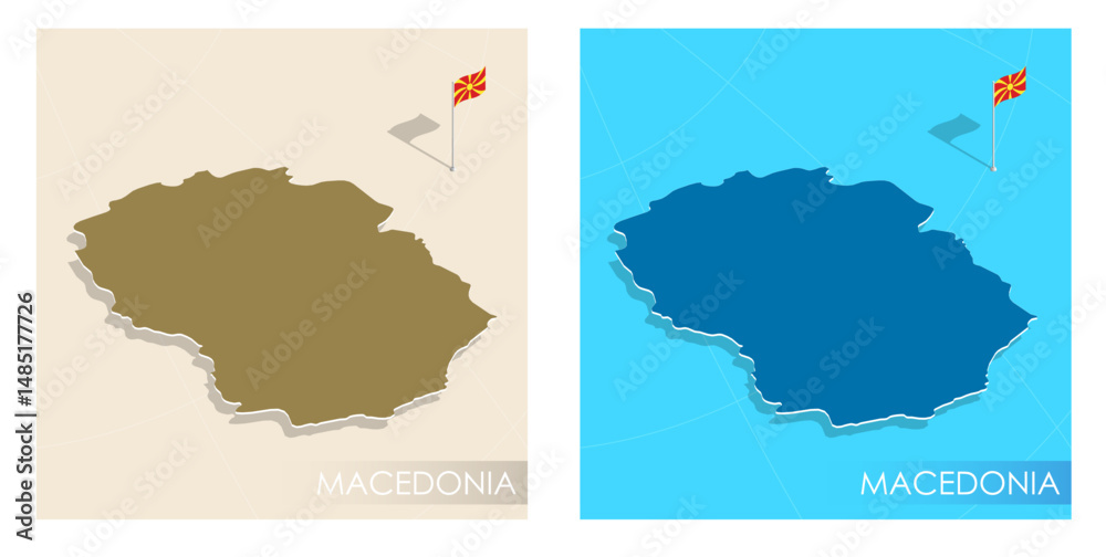 Naklejka premium North Macedonia country flag installed on geographic positioning map point of country territory. Macedonia commonwealth banner on land and sea. Festive patriotic HD format template independence day