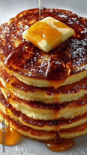 Delicious Stack of Fluffy Pancakes Topped With Butter and Dripping Syrup