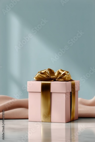 Elegant Pink Gift Box With Gold Ribbon Placed on a Marble Table in a Bright Room