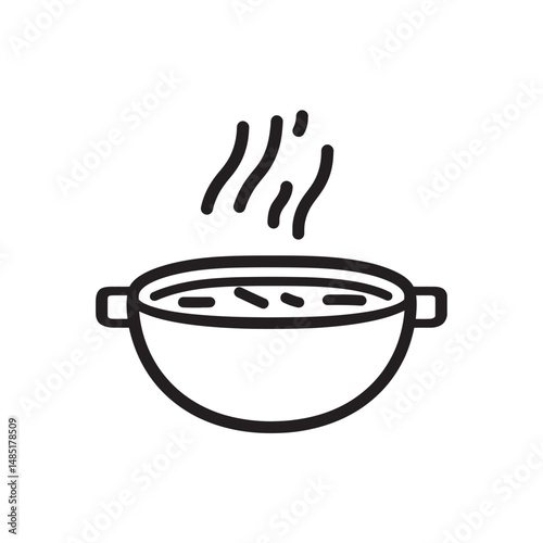 Hot broth bowl with steam rising above shows simplistic line vector
