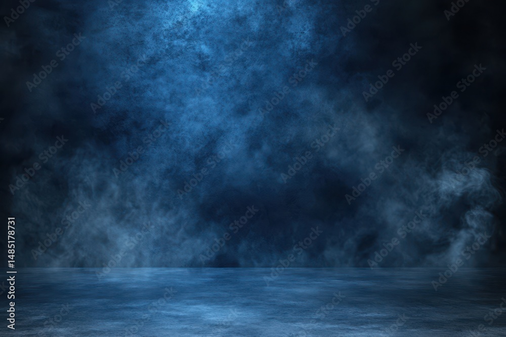 Fototapeta premium Moody blue smoke-filled room with reflective floor