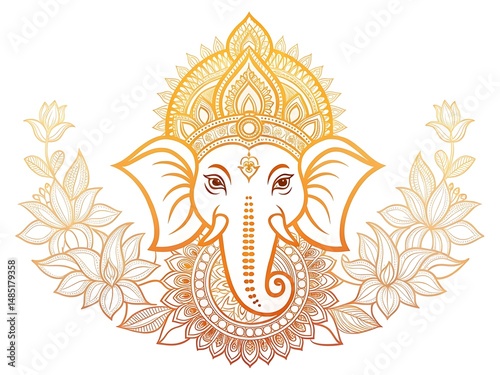 Ornate Golden Ganesha Illustration with Lotus Flowers and Mandala Design