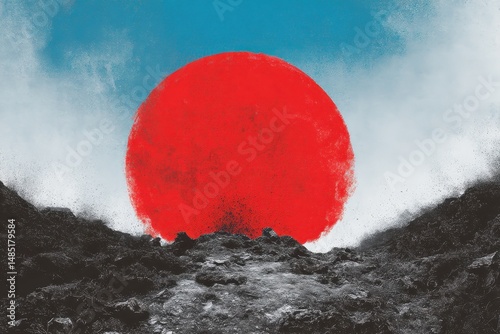Abstract landscape scene with a large red circle.