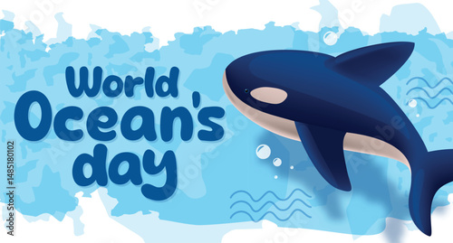 World ocean's day clipart greeting design in blue abstract background. Vector illustration