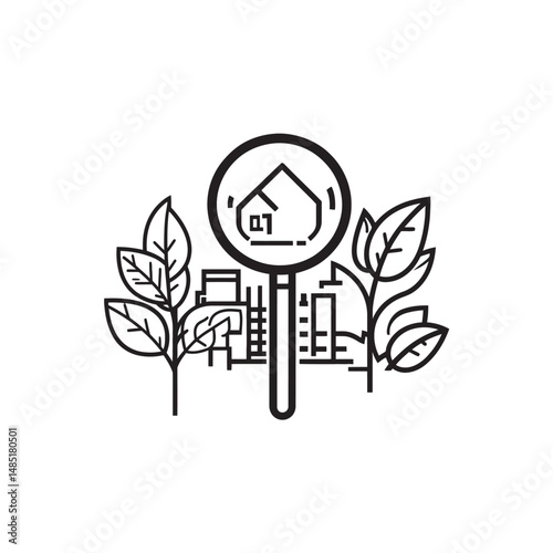 House under magnifying glass with leaves and cityscape in black lines creates a nature theme