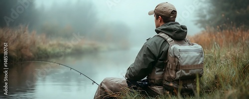 A person sits by a serene, misty river, fishing rod in hand, surrounded by vibrant, autumn-tinged nature and thoughtful stillness