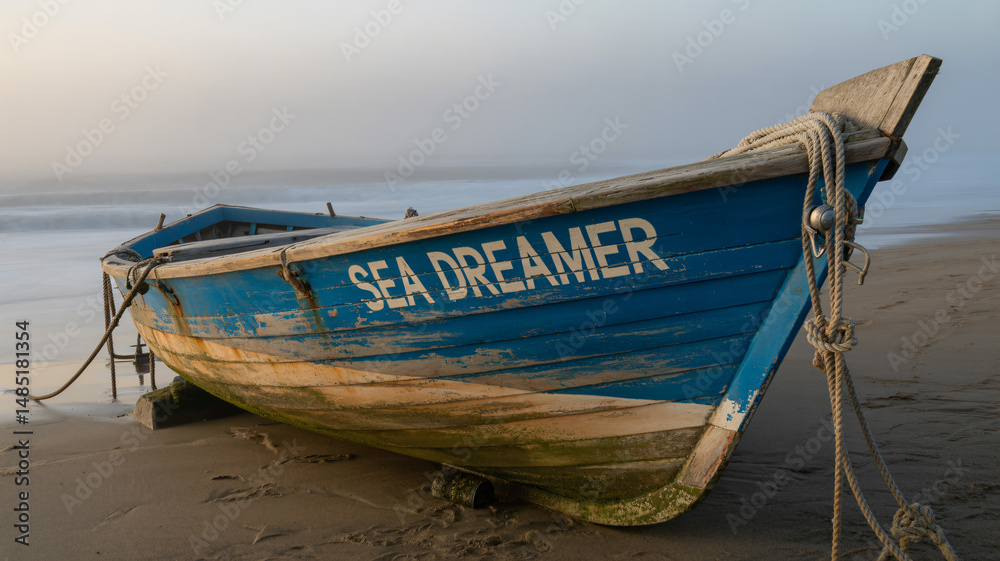 Weathered wooden boat on a misty shore