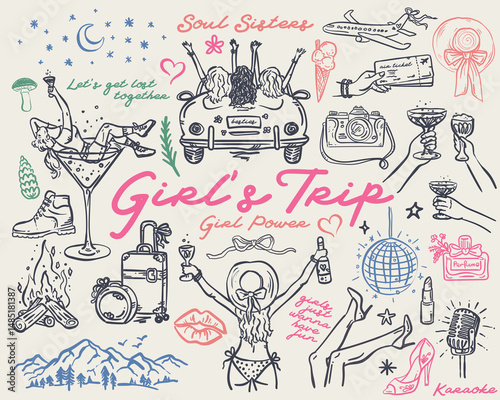 Girl's Trip - Whimsical Hand drawn Vector illustration Set