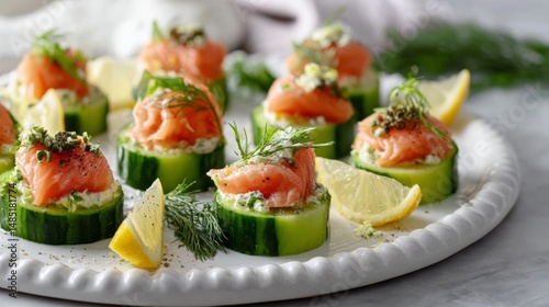 Smoked salmon cucumber bites on a white platter, with fresh garnishes and a drizzle of lemon, highlighting the freshness and sophistication of this appetizer