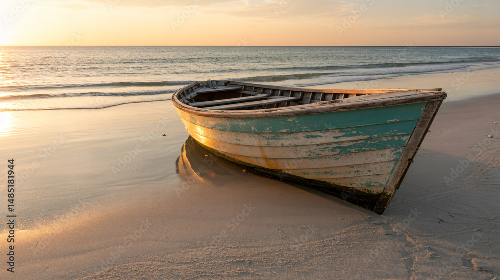 Weathered wooden boat on a sandy beach at sunset