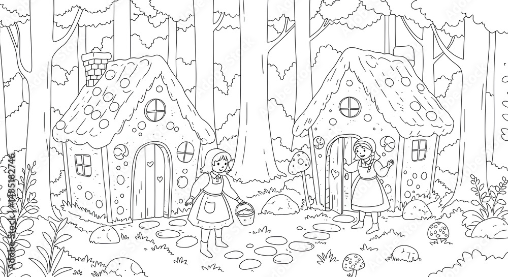 Obraz premium Enchanting fairytale cottage scene nestled within a whimsical forest setting featuring charming houses and little girls near lush greenery and a tranquil path.