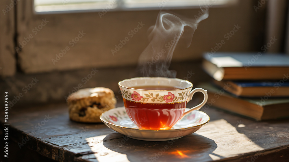 Fototapeta premium Warm Lighting and a Cozy Setting with English Breakfast Tea Steaming in a Cup