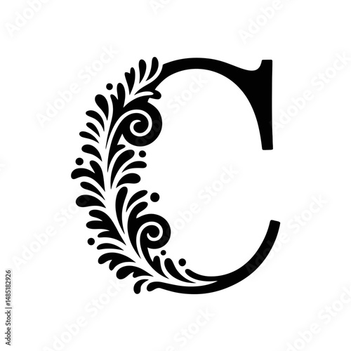 An ornate letter C is adorned with intricate floral patterns, giving it an elegant and sophisticated appearance.