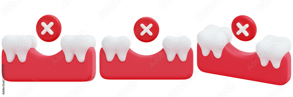 Fototapeta premium Set of Red And White 3D Illustration Of Missing Teeth 3d Render Icon Illustration