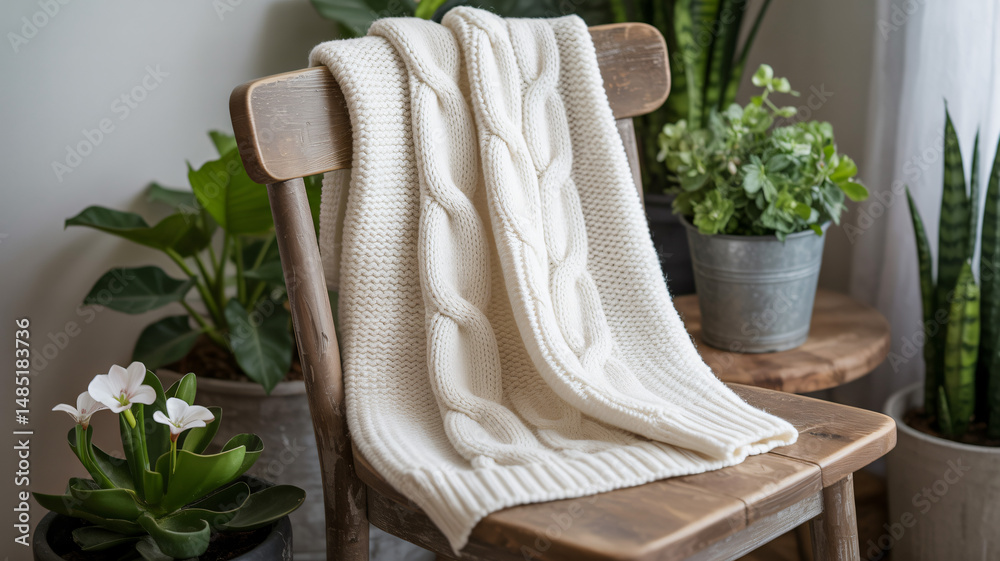 White knitted sweater in frame with plants