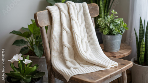 Obraz na płótnie White knitted sweater in frame with plants w salonie
