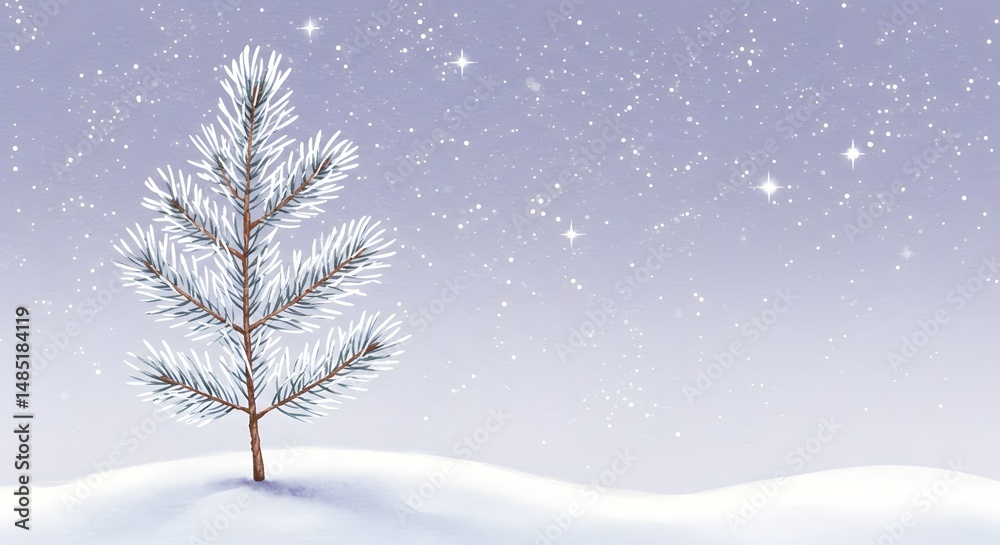 Winter Scene Small Tree on Snow Hill Under Starry Sky Winter Scene Small Tree on Snow Hill Under Starry Sky