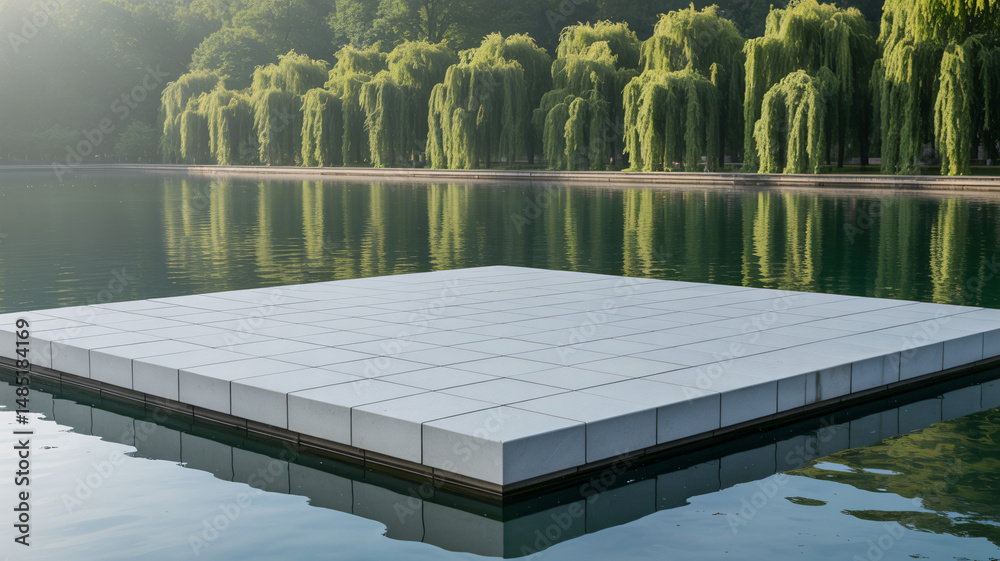 White platform with willow trees and water reflection
