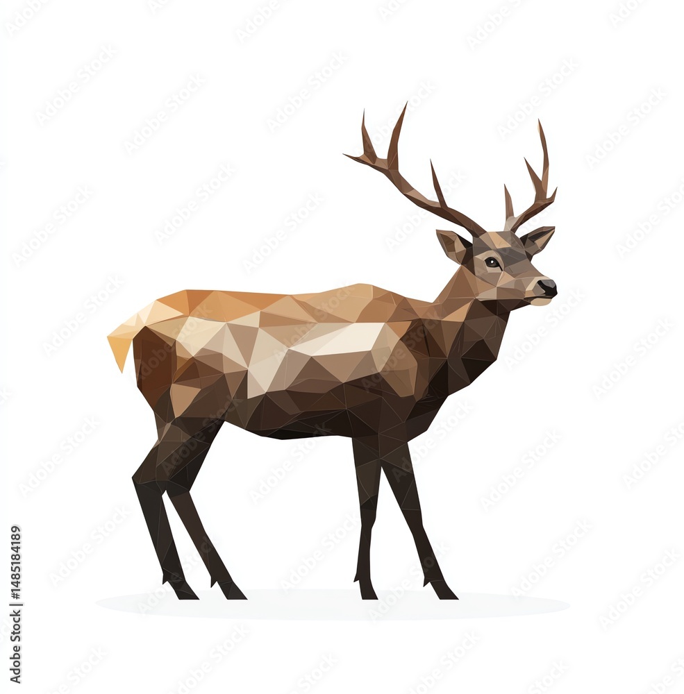Fototapeta premium Majestic Deer in Low-Poly Style, a Stunning Representation of Wildlife, Featuring a Calm Pose Against a White Background.