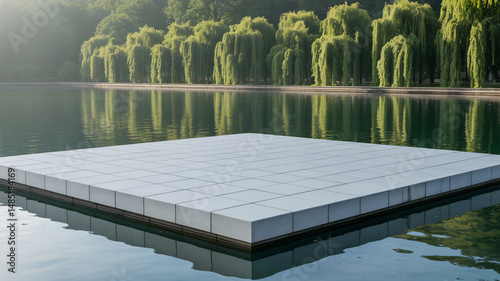 White platform with willow trees and water reflection