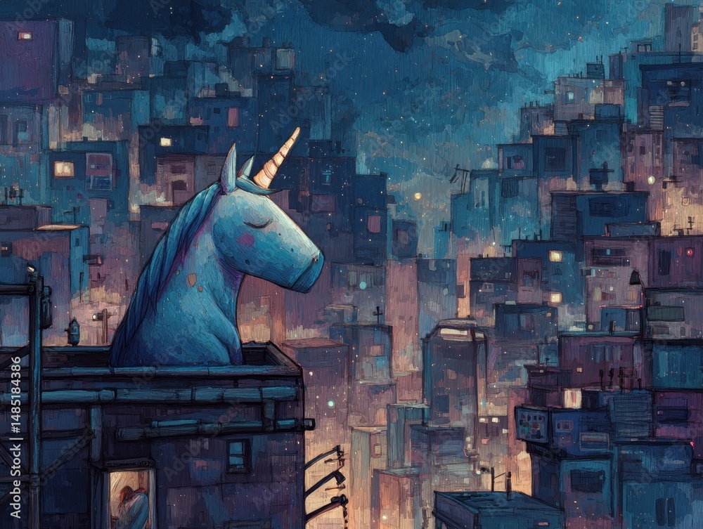 Naklejka premium A serene unicorn atop a cityscape at night.