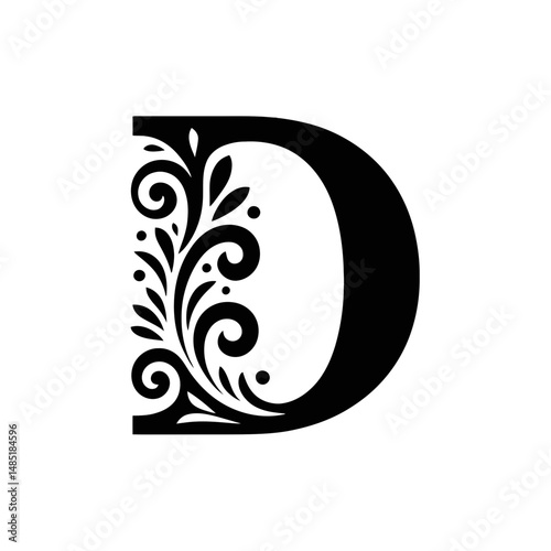 An ornate letter D is adorned with intricate floral patterns, giving it an elegant and sophisticated appearance.