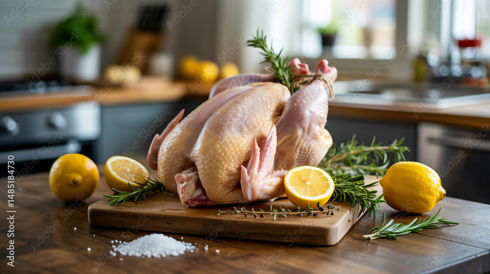 Whole raw chicken with lemon and herbs