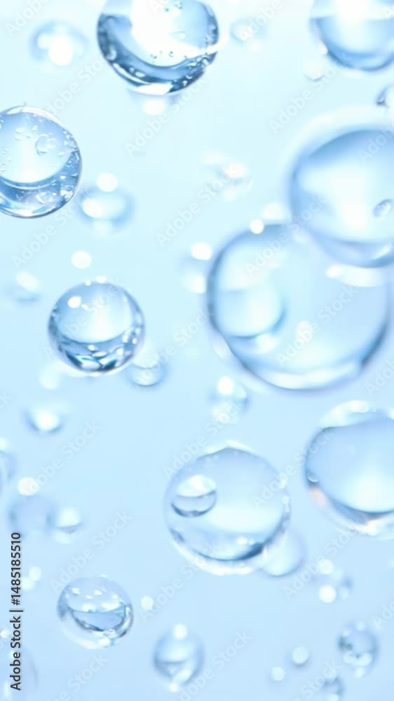 Clear water drops of various sizes floating in light blue background. Transparent bubbles drift gently, refracting light as they slowly rise in aquatic environment.
