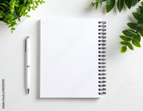 Clean Spiral Notebook with Pen Centered on White Desk Surface photo