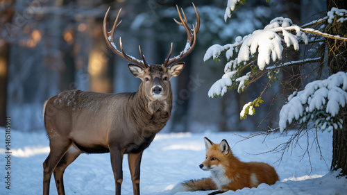 Wildlife ensemble Deer and fox in the winter forest photo