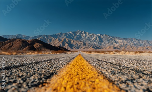 Road Stretches Toward Mountains Under Clear Blue Sky in Desert Landscape