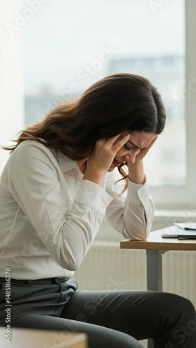 Vertical video of woman sitting by window holding head and showing signs of emotional and physical distress