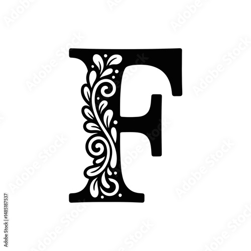An ornate letter F is adorned with intricate floral patterns, giving it an elegant and sophisticated appearance.
