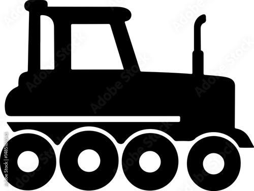 A stylized, black silhouette of a unique, possibly futuristic, tractor or all-terrain vehicle.
