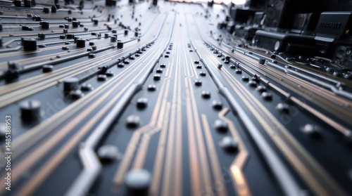 A close-up of a professional digital audio sound mixer console board with multiple control buttons and channels for studio recording and DJ music mixing
