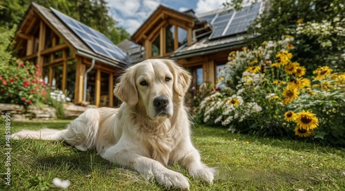 Golden Retriever Relaxing in a Vibrant Garden Near an Eco-Friendly House in S...