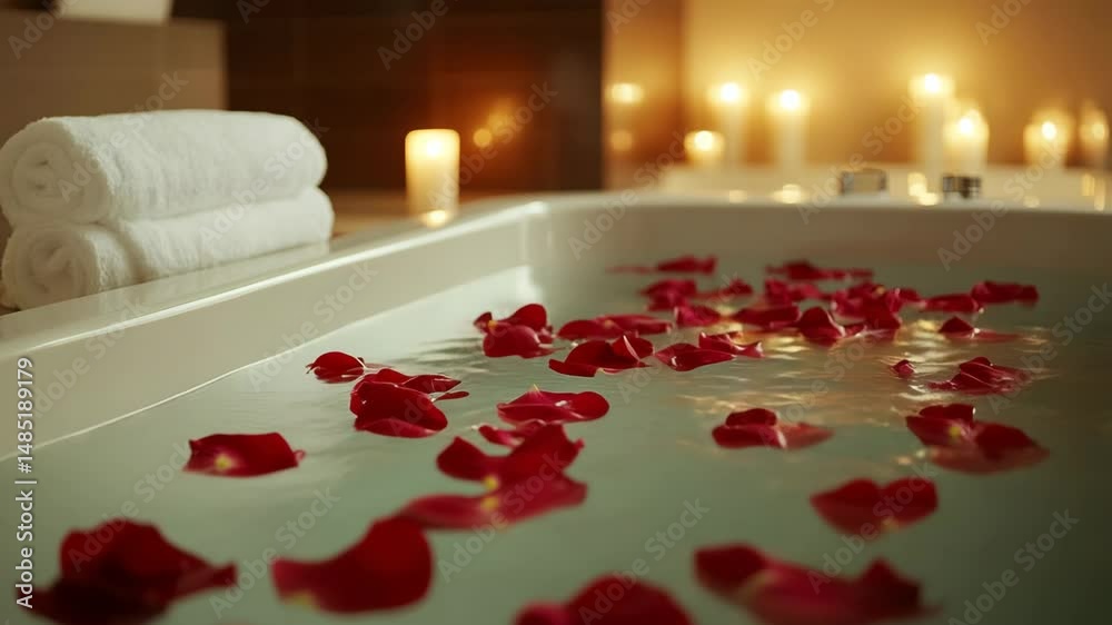 Banheira de hidromassagem com pétalas de rosa e velas acesas – vídeo relaxante estilo SPA em 4K


